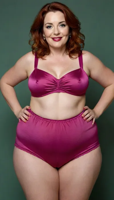 (mature:1.3), side, Full body portrait photo a mature chubby woman, fat huge bosom with a natural mature drop, magenta sleeveless tailored open silk blouse, highwaist blue jeans, fat round face, double chin, 60 years old Woman, green eyes, (auburn hair), round face, full lips, lipstick, (wavy hair), seductive smile, pretty teeth, looking at viewer, (solid dark background), eye level shoot, film grain, style by Flora Borsi, OverallDetail, loose, leaning, forward, with, plump pubis, large bottom.

Her hips are noticeably wider than her waist, creating a soft hourglass silhouette.

She has full, rounded hips that gently curve outward, adding balance to her figure.

Her thighs are thick and shapely, with a natural softness that complements her stance.

Her lower torso is plush and softly contoured, with gentle fullness across the hips.

Her figure is naturally curvy, with a Plump waist and balanced proportions.

Her bust droops with visible natural softness, appropriate for her age and physique., bottomheavy, big, ass, huge, gigantic, thick, thighs, massive, <lora:bottomheavy_v1_sdxl_LoRA:1.6>, <lora:style_lora_realis:.4>