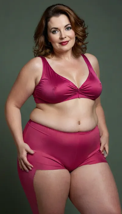 (mature:1.3), side, Full body portrait photo a mature chubby woman, fat huge bosom with a natural mature drop, magenta sleeveless tailored open silk blouse, highwaist blue jeans, fat round face, double chin, 60 years old Woman, green eyes, (auburn hair), round face, full lips, lipstick, (wavy hair), seductive smile, pretty teeth, looking at viewer, (solid dark background), eye level shoot, film grain, style by Flora Borsi, OverallDetail, loose, leaning, forward, with, plump pubis, large bottom.

Her hips are noticeably wider than her waist, creating a soft hourglass silhouette.

She has full, rounded hips that gently curve outward, adding balance to her figure.

Her thighs are thick and shapely, with a natural softness that complements her stance.

Her lower torso is plush and softly contoured, with gentle fullness across the hips.

Her figure is naturally curvy, with a Plump waist and balanced proportions.

Her bust droops with visible natural softness, appropriate for her age and physique., bottomheavy, big, ass, huge, gigantic, thick, thighs, massive, <lora:bottomheavy_v1_sdxl_LoRA:1.6>, <lora:style_lora_realis:.4>, <lora:PantyPull-000005:.8>