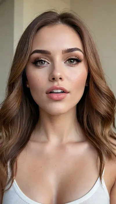 Hair, Long, (floor-length to waist-length), chestnut to dark brown with natural highlights, (mahogany to honeyed caramel), styled in soft cascading waves and beach waves.

Eyes, Large hazel eyes with thick natural lashes, subtle winged eyeliner, and a focused yet amused expression, (slight crinkles at corners), .

Nose, Left nostril piercing, (gold L-shaped stud with micro-pavé diamond), .

Lips, Full, matte terracotta shade, slightly parted to reveal straight white teeth.

Skin, Warm olive undertone with light freckles across the bridge of the nose and cheekbones.

Face Shape, Heart-shaped with high cheekbones and a defined jawline.

Beauty Mark, Small mark near the left corner of the mouth.

Glasses, Round, oversized frames with rose-gold metal, resting low on the nose.

Expression, Serene focus blended with determination and subtle amusement.

Expresión serena y pensativa, con cejas arqueadas naturales y labios finos en tono nude. Su perfil está ligeramente inclinado hacia la derecha, como si mirara algo fuera del encuadre.

blowjob, 18 years old