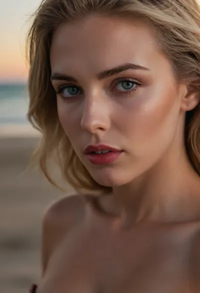 ziprealism, (21 Year old, intimate erotic esthetic, romantic anticipation, beach sunset:1.6), (perfect eyes, focus on eyes:1.2), (shallow depth of field, layered composition, analog lens, profile view, high saturation:1.4), (split lighting, dramatic shadows:1.8), (ultra realistic, 8k, 4k, ultra-detailed, Instagram model, professional photography, maximum quality, uhd, RAW photograph), Scandinavian, Viking, Irish, Scottish, (grey eyes, gray eyes, large expressive eyes, catchlights), (detailed eyes, high resolution eyes, natural skin texture, high quality eyes), (fit body, toned body, athletic body, muscular shoulders), (natural breasts, full lips:1.6), (wide jaw, strong jaw, square jaw, prominent high cheekbones, lean face), (ash-blonde hair with dark roots), (swept-back hair style, windblown hair), (seductive eye contact, sensual desire:1.8), Stable-Yogis-Makeup-Enhancer-XL