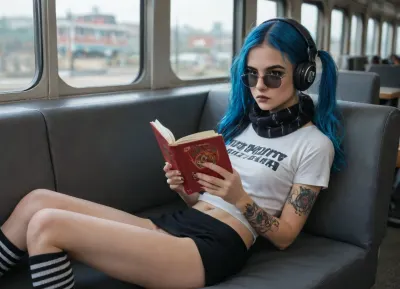 ((emo:1.5)), ((reading a book:1.6)), English, beautiful, 18 year old girl, innocent looking, bored, eye contact with viewer, legs slightly open, tattoos, skinny, perfect firm tits, blue hair, hairy pussy, long messy pigtails, perfect face, sunglasses, headphones, white shirt, mini skirt, long stripy socks, high Dr Martens boots, scarf, sat in a train, ultra HD, photo realistic, masterpiece