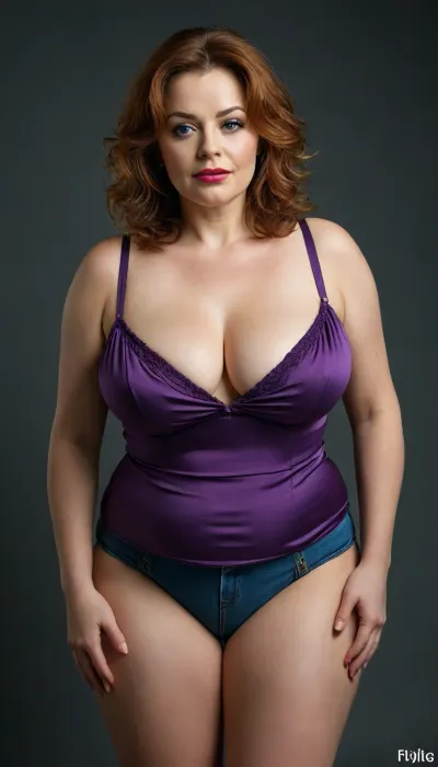 (mature:1.3), side, Full body portrait photo a mature chubby woman, fat huge bosom with a natural mature drop, magenta sleeveless tailored open silk blouse, highwaist blue jeans, fat round face, double chin, 60 years old Woman, big eyes, (auburn hair), round face, full lips, lipstick, (wavy hair), seductive smile, pretty teeth, looking at viewer, (solid dark background), eye level shoot, film grain, style by Flora Borsi, OverallDetail, loose, leaning, forward, with, plump pubis, large bottom.

Her hips are noticeably wider than her waist, creating a soft hourglass silhouette.

She has full, rounded hips that gently curve outward, adding balance to her figure.

Her thighs are thick and shapely, with a natural softness that complements her stance.

Her lower torso is plush and softly contoured, with gentle fullness across the hips.

Her figure is naturally curvy, with a Plump waist and balanced proportions.

Her bust droops with visible natural softness, appropriate for her age and physique., bottomheavy, big, ass, huge, gigantic, thick, thighs, massive, cameltoe, <lora:bottomheavy_v1_sdxl_LoRA:1.6>, <lora:MJ52:.8>