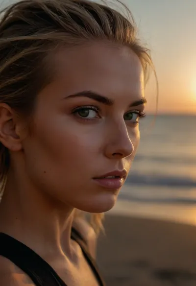 ziprealism, (21 Year old, fitness model, inspirational athleticware esthetic, empowering, beach sunset:1.6), (perfect eyes, focus on eyes:1.2), (shallow depth of field, layered composition, analog lens, profile view:1.4), (split lighting, dramatic shadows:1.8), (leaning forward, sprinter, crouching, coiled:1.4), (ultra realistic, 8k, 4k, ultra-detailed, Instagram model, professional photography, maximum quality, uhd, RAW photograph), Scandinavian, Viking, Irish, Scottish, (grey eyes, gray eyes, large expressive eyes, catchlights), (detailed eyes, high resolution eyes, natural skin texture, high quality eyes), (fit body, toned body, athletic body, muscular shoulders), (large breasts, soft breasts), (wide jaw, strong jaw, square jaw, prominent high cheekbones, lean face), (ash-blonde hair with dark roots:1.2), (bob cut hair, asymmetric haircut, swept-back hair style, windblown hair:1.4), (determined expression, fierce competitor:1.2), Stable-Yogis-Makeup-Enhancer-XL