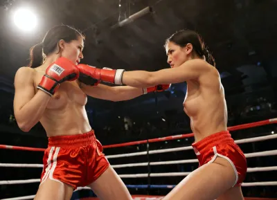 RAW, photo of two photorealistic boxers fighting in a boxing arena. The first boxer is a muscular men. The second boxer is a Russian girl topless with dark hair and red boxing gloves, who faces the men to punch him. smooth lighting, Snyder, Style, <lora:add-detail-xl:.8>, <lora:detailed_notrigger:.8>