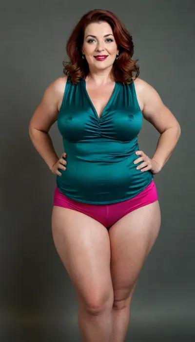 (mature:1.3), side, Full body portrait photo a mature chubby woman, fat huge bosom with a natural mature drop, magenta sleeveless tailored open silk blouse, highwaist blue jeans, fat round face, double chin, 60 years old Woman, green eyes, (auburn hair), round face, full lips, lipstick, (wavy hair), seductive smile, pretty teeth, looking at viewer, (solid dark background), eye level shoot, film grain, style by Flora Borsi, OverallDetail, loose, leaning, forward, with, plump pubis, large bottom.

Her hips are noticeably wider than her waist, creating a soft hourglass silhouette.

She has full, rounded hips that gently curve outward, adding balance to her figure.

Her thighs are thick and shapely, with a natural softness that complements her stance.

Her lower torso is plush and softly contoured, with gentle fullness across the hips.

Her figure is naturally curvy, with a Plump waist and balanced proportions.

Her bust droops with visible natural softness, appropriate for her age and physique., bottomheavy, big, ass, huge, gigantic, thick, thighs, massive, cameltoe, <lora:bottomheavy_v1_sdxl_LoRA:1.6>, <lora:style_lora_realis:.4>