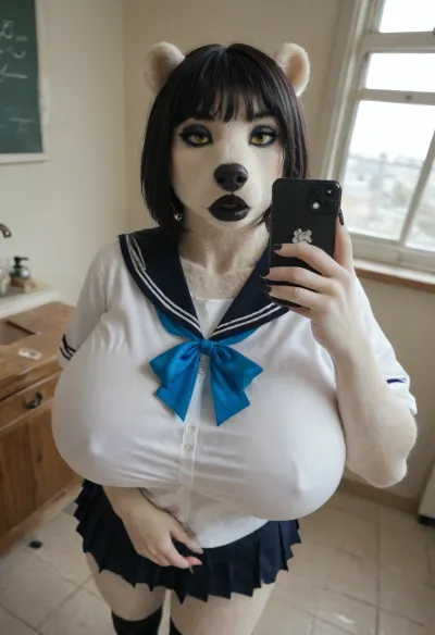 ((polar bear, Anthro, anthrofied, ursine, black hair, Bob cut, makeup, thick lips, glossy black lips:1.2)), bathroom, (sailor with collar ribbon and slouch socks, holding up the hem of her pleated school skirt with one hand, in classroom), (firm taut spherical enormous gigantic breasts), (holding phone selfie pose, dynamic angle view), finger claws, (yellow eyes), busty figure, (((furry art, anthro woman))), ultra detailed face, <lora:add-detail-xl:1.2>