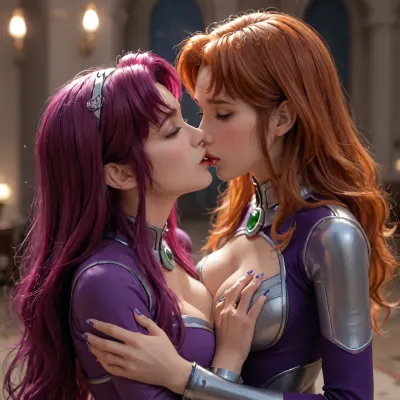2girls, Blackfire is kissing Starfire, passionate kiss, cleavage, nail polish, hand on breasts, Bl4ckF1r3, darkpurplehair, outfit, bodysuit, <lora:Blackfire:.8>, ohxw, red, hair, green, eyes, <lora:1star-000004:.8>