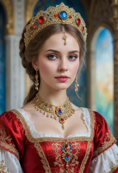 Portrait of a Russian beauty in national costume, lace filigree of bright, rich color. Super clear, highly detailed watercolor, glaze technique, plus colored alcohol ink, style of V. Vasnetsov