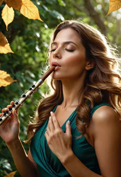 Photorealism, photorealistic, realistic, {35-year-old woman with loose hair against a backdrop of leaves flying everywhere, playing the flute, holding it with her hands and touching it with her lips in a whirlwind of leaves}, vivid, highly detailed, ultra-realistic, cinematic lighting, 8K