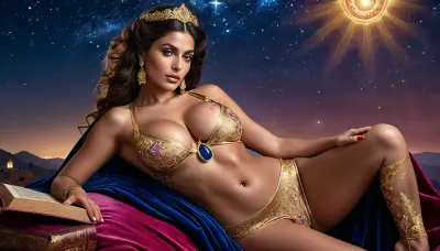 (Hyperrealistic 8k ultra-detailed:1.5), (Sheherezade and a Night's Tale, star-filled sky:1.4), (Beautiful Persian woman:1.3), (Detailed face:1.2), (Erotic expression), (Whispering a magical story with an ancient leather-bound book open in her left hand:1.4), (Reclining seductively on a luxurious blue velvet divan detailed with gold, red and blue rubies:1.3), (Full body view, flat front side:1.6), (Transparent silk robe:1.2), (Intricate gold embroidery and sapphire jewelry, bare cleavage, huge breasts, hard pink nipples, slightly tanned long legs:1.4), (Intense lighting with gold rim, volumetric light rays under the vast starry night sky:1.5), (Chiaroscuro shadows, high contrast, gradation), Professional color, 50mm lens, depth of field, (extremely shallow), (Opulent terrace in luxurious palace at night, marble adorned with gilded ornaments, finely woven Persian carpets, smoke and dust particles in the air), (Combination of Caravaggio and David LaChapelle style:1.2), trending on ArtStation.