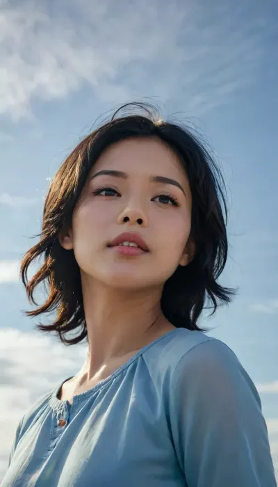 half body, 3/4 view portrait of an asian girl with short black wavy black hair, black hair, side view, tiny boobs, blue tunic, facing side, morning sky, 4ng3l, face, view from below, looking at viewer, mouth open a little, <lora:SDXL_BetterFaces-LoRA_v1:.5>