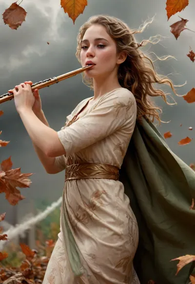 20 year old women playing a side flute, standing a tornado of swirling many giant leaves, hair and dress swirling in very strong wind, autumn, storm, close-up, the, (J.C., Leyendecker, Style, page:.8), <lora:flute_v1:.8>, <lora:polyhedron_all_sdxl-000004:1.3>, <lora:detailed_notrigger:.8>, <lora:J.C. Leyendecker Style:.5>