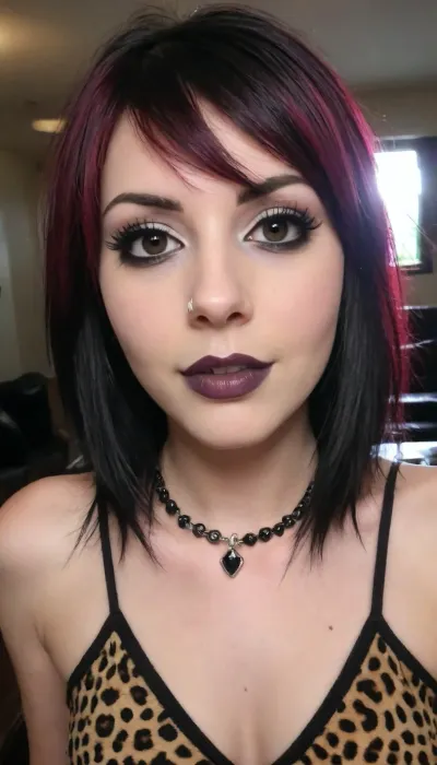 (beautiful emo woman age 30:1.8), looks so trashy in high tight leopard print dress with a plunging neck line, she just wants to find a stranger to fuck tonight and she knows she will succeed, very beautiful face, slim fit body, very confident and sexy, she knows what she wants and how to get it, she is a wild one, sexual urges, sometime you have to be bad to get what you want, wicked smile, dark eyeline, dark lipstick, busty, slim waist, posing before her night out