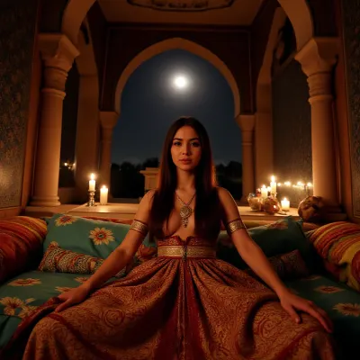 wide angle shot of "Scheherazade", featuring a beautiful Persian queen. A cosy Persian palace illuminated by the soft warm glow of candles and the sounds of the night, dressed in a magnificent embroidered Persian gown and gold jewellery, she sits surrounded by colourful cushions and pillows, looking at the camera with a calm expression. She has long flowing dark hair, and her eyes are filled with wisdom and mystery. A large Persian palace room incorporating elaborate geometric patterns columns and arches, furnished with Persian luxury, Rich wall decoration using blue and turquoise and Islamic art, full moon shines through an archway leading to a balcony