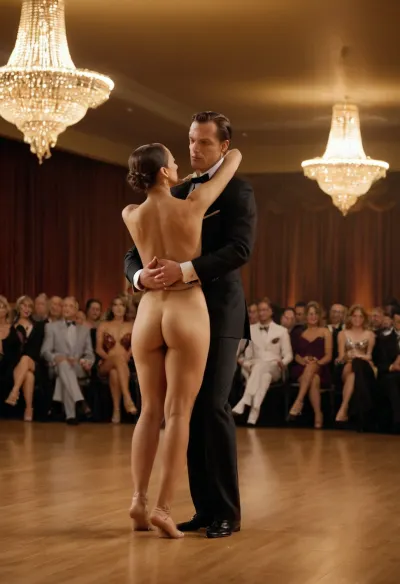 Cinematic, broadcast television coverage, ballroom Dancing with the Stars competition, one couple is naked, other dancers watch the nude couple.