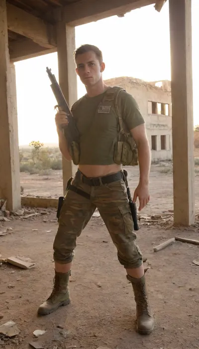 Award-winning war photograph, long shot of a soldier in camouflage uniform, chest rig with spare magazines, combat boots. He stands before a ruined lost Building in Africa, upright, half turned toward the lens, intense gaze at the camera. Right foot forward, M5 rifle held loosely in right hand, left thumb hooked behind the belt. Cinematic light shafts, sharp detail, dust particles, muted colors, timeless war photojournalism aesthetic.