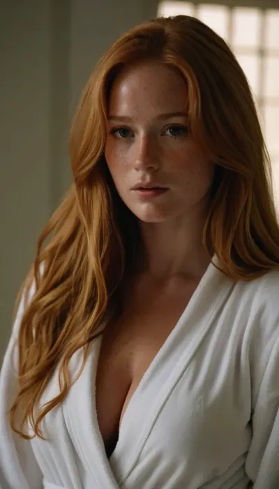 Shy girl next door that is secretly thick as hell with a round ass and perfect huge tits. Long strawberryblond hair with golden highlights, freckles. Wearing white bathrobe, view to the front