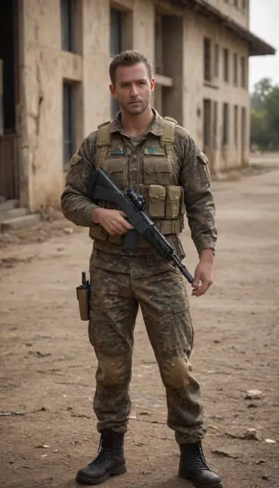 Award-winning war photograph, long shot of a soldier in camouflage uniform, chest rig with spare magazines, combat boots. He stands before a ruined lost Building in Africa, upright, half turned toward the lens, intense gaze at the camera. Right foot forward, M5 rifle held loosely in right hand, left thumb hooked behind the belt. Cinematic light shafts, sharp detail, dust particles, muted colors, timeless war photojournalism aesthetic.