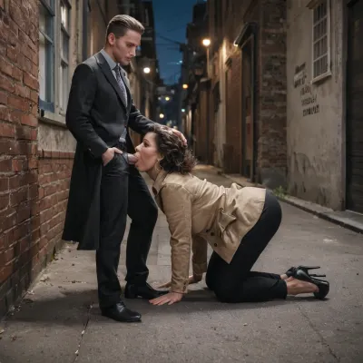 hyper photorealistic masterpiece, maximum quality, maximum details, maximum realism, american milf, 33 years old, on street, back alley, (night), short brown curley hair, long light colourful woolen coat, (black high heels), on all fours, couple, dressed man dick out, blowjob, deep throat, massive com on face, full body view aside from afar