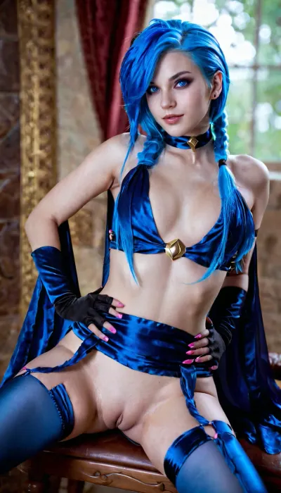 jinx, (league of legends), masterpiece, topless, bottomless, pink eyes, blue hair, purple and black stocking, dark blue choker, dark blue gloves, no panties, pussy is visible, shaved pussy, (blue silk on waist:1.3), cape, woman, small, breasts, medium, large, spreading, legs, creampie, pussy, nude, body, closeup, <lora:MIAOKA_JINX_1.0_SDXL:.8>, <lora:nsfw-xl-2.0:.8>
