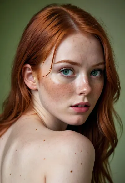 rear view, very beautiful flame redhead, youngster, long straight hair, pointed triangle face, uneven messy hairstyle, large bright green eyesю slightly snub-nosed, ((freckles)), big mouth, red plump lips, pointed chin, naive surprised look, view from behind, naked back, glance over her left shoulder, eye contact, looking onto viewer, waist up portrait