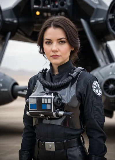 Professional photography, Sci-Fi, Star Wars galaxy, a female test pilot of the Galactic Empire from Star Wars, beautiful, wearing a black TIE fighter pilot jumpsuit, gloves on her hands, against the backdrop of a new model of a starfighter. Close-up. Detailed portrait. Natural lighting, high quality.