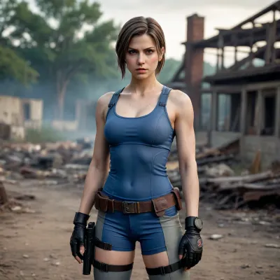25-year-old woman, jill valentine, resident evil, outdoors, post apocalyptic, evening, horny, brown eyes, full body shot, fit, toned, serious JillVApocalypse, <lora:JillVApocalypse:.8>