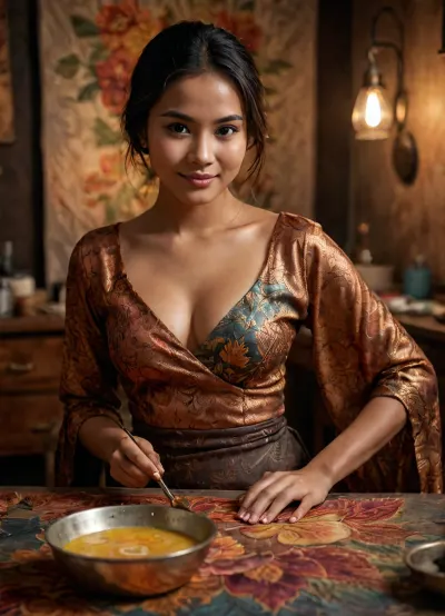 A stunning 25-year-old Indonesian woman, rendered in ultra-realistic 8K, paints a batik design with wax. With a perfect hourglass figure, wearing an elaborate, half-unbuttoned kevaya that reveals her ample curves, she paints a batik design on fabric using a copper tool. In the workshop, during the golden hour, she precisely paints with a copper tool on the fabric while looking directly at the camera with a seductive smile. The image captures intricate floral details drawn onto the fabric, a container of melted wax beside her, dramatic edge lighting, and cinematic color gradation.