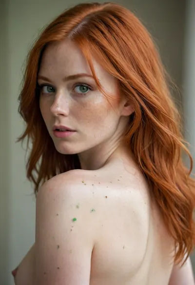 very beautiful flame redhead, long straight hair, pointed triangle face, uneven messy hairstyle, large bright green eyesю slightly snub-nosed, freckles, pointed chin, naive surprised look, view from behind, naked back, glance over her left shoulder, eye contact, looking onto viewer, waist up portrait