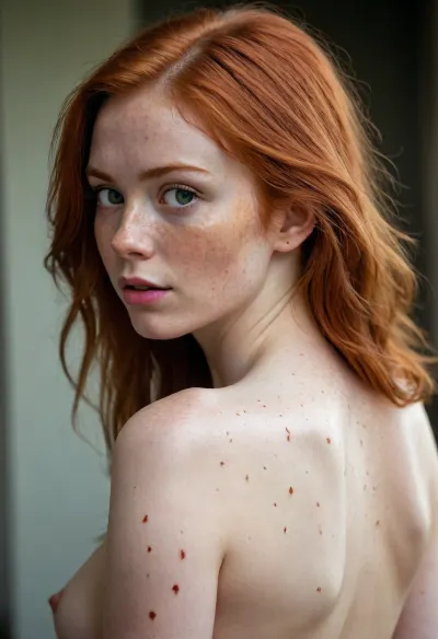 rear view, very beautiful flame redhead, young, long straight hair, pointed triangle face, uneven messy hairstyle, large bright green eyesю slightly snub-nosed, ((freckles)), big mouth, red plump lips, pointed chin, naive surprised look, view from behind, naked back, glance over her left shoulder, eye contact, looking onto viewer, waist up portrait