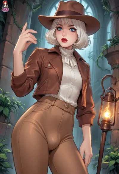 solo, femboy, futa, white hair, short hair cut, red lipstick, eyeshadow, long eyelashes, lot of freckles, angry, cute adventurer like Indiana Jones, brown leather jacket, fedora, brown leather pants, ((bulge)), lasso on side of pants, standing in mysterious glowing ruin, vines and statues around, dramatic torch light, (reiq style, in artstyle of Melkor Mancin), score_9, score_8_up, score_7_up, <lora:cartoon_stickers_xl_v1:.8>, <lora:ratatatat74-000050:1.3>