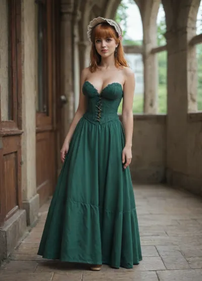 college age, 1 woman, beautiful, (perfect face), detailed, full body shot, looking over shoulder, side view, scenic view, unbuttoned green detailed corset, exposed naked large breasts, ginger hair, grinning, licking lips, cleavage, photorealistic, 4k, highly detailed, (wearing a bonnet), parlour, (bustle), (long dress), full body, green dress, csch1ffer, bangs, blunt_bangs, long_hair
