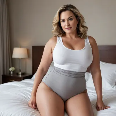 A candid photograph of a full-figured, plus-size, 50 year old mature woman with a voluptuous silhouette and pronounced curves, and posed on her knees and forearms on a bed with clean white sheets. She is wearing a simple white tank top and form-fitting, high-waist gray athletic shorts that naturally hug her substantial glutes and thick thighs. The setting is a well lit, luxurious room, utilizing balanced interior lighting, and dramatic cinematic lighting to create deep shadows and a moody atmosphere. The shot is captured with an 85mm lens at a shallow f/1.8 depth of field, emphasizing the texture of the fabric and natural skin texture against the bokeh background. raw photo, 8k resolution.

Curvy, pear-shaped geometry with volume concentrated in the lower body. Pronounced waist-to-hip ratio despite the torso being hidden. Features include a substantial, rounded silhouette of the glutes and thick thighs. The pose maximally emphasizes the lower body curves.

* Lower Body, She possesses exceptionally wide hips that flow into full and substantial thighs. Her voluminous posterior projects significantly, creating a striking, rounded profile that is a key feature of her figure. The overall impression is one of immense volume and strong, powerful curves. * Skin Texture, Her warm, light beige skin displays a natural, realistic texture, particularly on her lower body, presenting an authentic and body-positive portrayal of a mature figure.

Outfit Fabric and Texture
The material is a smooth, stretch modal fabric which has a slinky, luxurious, and smooth texture. The high sheen vividly highlights the elegant, (dramatic curves of her figure by reflecting light across the sculpted surfaces.
Fit and Style Emphasis
The outfit's fit is intentionally tailored to hug and celebrate her ample curves:1), * Smooth, Sculpted Fit, The fabric is carefully tailored to lie smoothly and closely against her substantial figure, sculpting a beautiful silhouette. It is snug and form-fitting, showcasing her substantial volume without appearing strained, indicating a luxurious, tailored fit for a plus-size body.