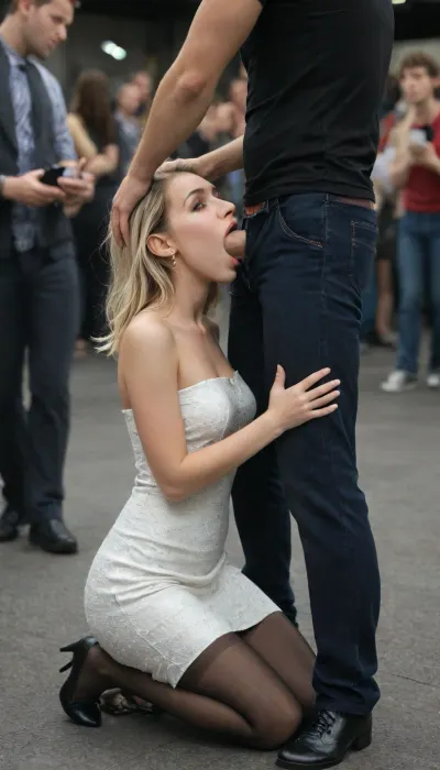Club dance floor, female escort, female closed eyes, People view, audience in party clothes, male next to female, 18 year old female, hand on head, blonde hair, annoyed female, black pantyhose, full body, kneeling, strapless, tube, dress, bodycon, shocked, nonplussed, unzipping his pants, unzipping his trousers, beautiful, detailed face, nice big dick, ready for blowjob, licking, dick deep in mouth, deepthroat, pushing head, gagging, giving handjob to another man, <lora:Plain_tube_dress:.8>, <lora:shocked:.8>, <lora:crowd_notrigger:.8>