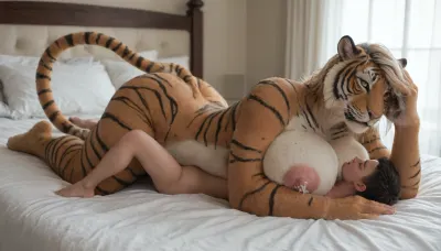 (1female, Huge Female Furry anthro tiger with huge round breasts, (huge niples:1.6), enlarged niples, excessive lactation, tail, anthro hands, furry paws, full body furr, beautiful, horny, passionate expression, nude), lying on bed, (1man, smaller human boy), high resolution, detailed