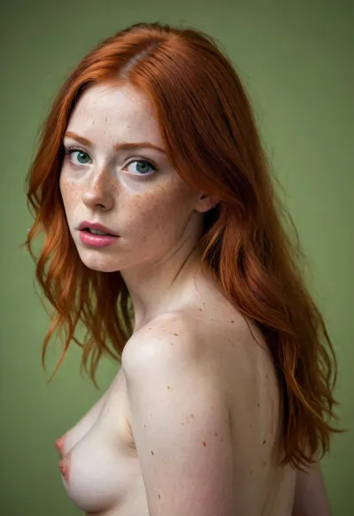 rear view, very beautiful flame redhead, youngster, long straight hair, pointed triangle face, uneven messy hairstyle, large bright green eyesю slightly snub-nosed, ((freckles)), big mouth, red plump lips, pointed chin, naive surprised look, view from behind, naked back, glance over her left shoulder, eye contact, looking onto viewer, waist up portrait