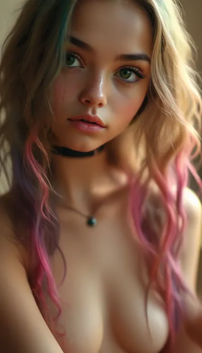 Dynamic View, Dynamic PoseRealistic XHyperreal Max Quality High detailed, ultra flirty, kinkiest cutie, seducing expression, UHD 8K, sepia, masterpiece, score 9, score 8 up, score 7 up, score_9, score_8_up, score_7_up, ((soft focus)), blurred background, 8k uhd, ((full body side view)), detailed photo of very deeply tanned naked naked girl, lots of details, three-dimensional, epic, professional lighting, ###

full body view, indian, dark skin, 18 year old, long rainbow hair, black choker, pink lipstick, nipple rings, belly ring, ripped revealing clothes, goth, small breasts, full body view from behind, long legs, tiny feet, perfect face, green eyes, cute, closeup, petite body, full body photo, beautiful face, but, great, lighting, <lora:MJ52:.3>, <lora:BUT_SDXL_SHS:.8>, <lora:great_lighting:.8>, <lora:EnvyStarlightPrettyEyes01:.8>