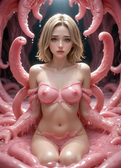 (((alien female with multiple pink octopus arms))), detailed octopus arms, melting, (in a pink slimy cave), background is pink slime cave, walls made of pink slime, (lots of pink slime), masterpiece, best quality, highly detailed, sweaty, roseblonde hair, hotsquat, (green eyes), blushing, aroused, ahego, bondage, legs restrained in slime, ((pink veiny tentacles)), (ral-octprms), (alienailf), <lora:White_Pink_Tentacle_Slime-000007:2>, <lora:ral-octprms-sdxl:2>, <lora:Aliens_AILF_SDXL:2>