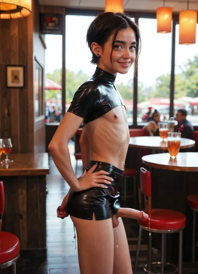 Masterpiece, quality image, very height quality, realistic image, detailed face, detailed eyes, detailed body, side view, ((a young Femboy man is standing in a restaurant, 18 eo)), ((he is dressed in a black leather micro-skirt, a white micro blouse)), ((a skinny body, skinny ass, a thin face, thin legs, a thin waist)), small tits, puffy nipples, ((A fat man is sitting on the floor in front of a Femboy)), he is dressed in a suit, a very big man, a very drunk man, ((the man stuck his finger into femboy's anus)), ((a man holds a trans man by the ass)), ((Femboy butt trick)), there are a lot of people around, people around, Femboy has a strong orgasm, he rolls his eyes, Femboy orgasms, Femboy holds a tray with a cocktail in his hands, anal penetrate, erect small penis, testicles, dangling testicles, hairy testicles, anal tunnel, ((very big dripping anal hole:1.5)), (((A viscous liquid is leaking out of the anus, very crooked legs))), smile, navel piercing, ear piercing, eyebrow piercing, nose piercing, tattoos, tan, smiles, facial, expression, supermodel, face, big, lips, zavy-ctflt, drawing, <lora:Expressions XL:.5>, <lora:Beautify-Supermodel-SDXL:.5>, <lora:zavy-ctflt-sdxl:.8>