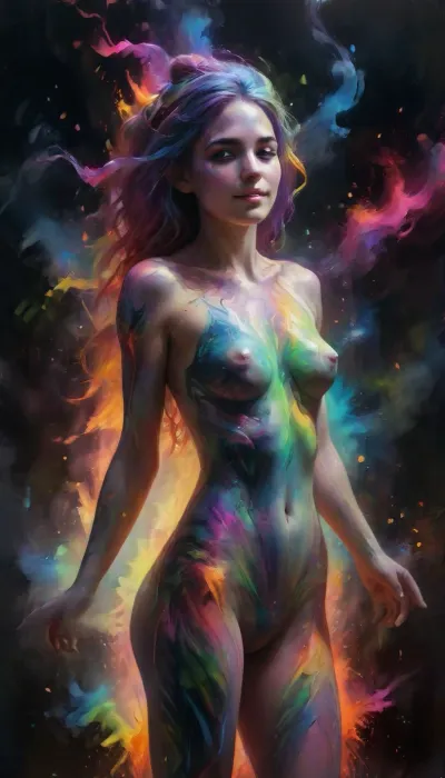 psychedelic scene of an nude 18-year-old painter, thin face, big smile, deep gaze, long rainbow-colored hair, thin and slender body, she dances, like a shaman, around a fire, her, (arms in the air), the, (body, completely covered with fluorescent paint), . Neon colors, iridescent flashes, spiral traces spread all around. The paint completely covers the walls, floor and ceiling, transforming into a psychedelic Amazon jungle, with vibrant colors where each leaf seems to undulate, rays of the sun pierce the canopy. The vines are sinuous, almost alive. an Amazon entered naked, tanned skin, a thin and muscular body, flamboyant, with bright green eyes, looks at me through a curtain of moving vegetation. Viewing angle from the top corner of the workshop, distorted, as if under hallucinogenic lsd. Atmosphere, hypnotic, shamanic DonML34fXL, bl4ckl1ghtxl, Colorsplash, glowneon, glowing, sparks, lightning, ral-colorswirl, chalkdust, <lora:bl4ckl1ghtxl:2>, <lora:SDXLPaintSplash:2>, <lora:glowneon_xl_v1:1.8>, <lora:ral-colorswirl-sdxl:1.9>, <lora:ChalkDustStyleSDXL:1.4>