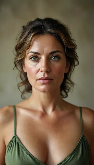 Subject Description, A photorealistic, cinematic portrait of a beautiful fat 50-year-old mature Greek/Macedonian woman. She has a warm olive complexion and captivating, light hazel-green eyes that are the focal point of the image. Her hair is naturally styled, framing a face that shows dignified, attractive maturity.
Physique, She has a soft, full-figured, mature build with a bottom-heavy silhouette. Her figure is voluptuous with naturally heavy proportions, wide hips, and a soft, rounded abdomen.
Attire, She is wearing a short, spaghetti-strap slip dress in a deep emerald green, (chosen to compliment and bring out the color of her eyes), .
Fabric & Details, The dress is made of soft, bias-cut charmeuse silk that clings comfortably to her form.
Fabric Physics, The material has a natural drape that follows the laws of gravity.
Texture, Soft side-lighting reveals a slight impression visible through the fabric on her bodice.
Fit, The dress features a subtle contour pressing against the material, creating a gentle outline beneath the fabric of her bust and hips.
Realism, There is a delicate raised detail under the clothing where the fabric creates natural tension, emphasizing a natural texture and creating a faint, organic silhouette of her body shape underneath.
Scene, cozy bedroom with modern design.
Photography Style, Shot on a 85mm portrait lens, f/1.8 aperture for depth of field, golden hour lighting to enhance skin texture and the sheen of the fabric. 8k resolution, award-winning photography., <lora:MJ52:.8>