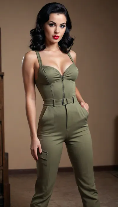 Pin-up stalker girl in tight tactical jumpsuit, beautiful athletic figure, black hair