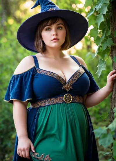 Realistic photography, obese, Fantasy, magical, medieval, solo, 1girl, mage, mage robe, short dress, mage hat, chubby face, wide jawline, short hair, round face, big bright eyes, broad shoulder, deep collarbone, squeezed cleavage, chubby waist, lipgloss, eyeliner, calm, alluring, detail background, backlight, green nature magic circle, vines, leaf, tree, <lora:EnvyCuteSliderXL01:2>