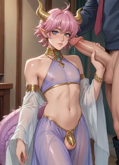 Score_9, score_8_up, score_7_up, reiq meets markgavatino and melkor mancin artstyle., ((1 male, femboy, twink, gay)), ., ((anthro-dragon, dragon humanoid)), thick tail, deep purple scales, pink accents, gold horns, long pointed elven ears.

Crossdressing, wearing a translucent belly dancer outfit.

lithe build, thin wait, wide hips, big ass, bubble butt, thick thighs, huge cushy ass, fuckable ass.

massive penis with a gold cock ring, flaccid penis, colossal balls.

dancing seductively, blushing hard, flushed face, dripping precum from chastity cage.

ratatatat74, <lora:ratatatat74-000050:.8>, <lora:cartoon_stickers_xl_v1:.8>, <lora:TwinksAnatomyXL_v1.0:.8>