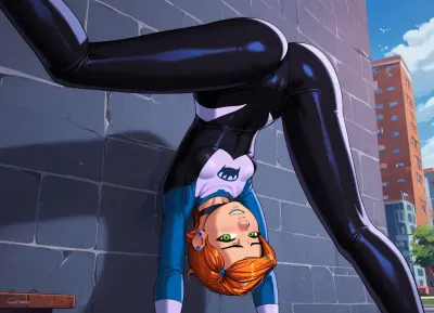 Gwen Stacey, spidey suit, sagging breasts, she crawls on the side of the building like a spider, upside-down, on a wall, masterpiece, best quality, 1girl, spiderverse, style, stacy, spidergwen, wallcrawlling, with her ass out, gwen, tennyson, (/Ben10), /, (ultra, HD, quality, details), bright, orange, hair, short, (green, eyes), <lora:Gwen Tennyson (Ben10) - XL SCXL V1.0:.8>