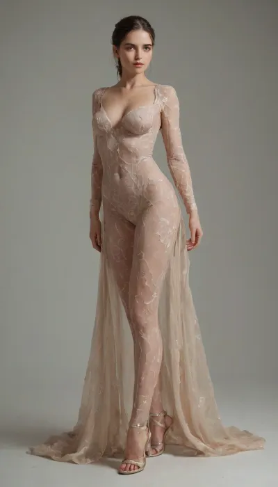 woman, A fashion model with fair skin is showcased wearing an avant-garde bodysuit, drawing inspiration from Iris van Herpen’s complex, intricate designs and Ross Lovegrove’s futuristic style. The bodysuit is crafted from transparent and clear materials, constructed with an elegant, sophisticated structure. Set against a pristine, clean white background, the image focuses sharply on the model, emphasizing the details of the bodysuit. The rendering aims for a hyper-detailed, high-resolution effect, employing techniques to achieve a photorealistic, hyper-realistic look that captures the fine textures and subtleties of the materials and design, her beauty is sexual dream, full-body image, ideal medium breasts, lustful, submissive, flirting, naughty, depraved, kinky, playful, tempted, horny, (high detailed face:1.5), (high detailed skin:1.5), huge emphasis on quality details accuracy and realism in character, realistic female anatomy, wide face, She's 10 out of 10, she is natural beauty, she's a young, she is sexy, score_10, score_9_up, score_8_up, score_7_up, score_6_up, score_5_up, score_4_up, score_3_up, score_2_up, score_1_up, sexy woman, sexy female, perfect skin, extremely beautiful face, ultra high details, vivid colors, detailxl, dvr-shrp, <lora:RMSDXL_Enhance:.8>, <lora:Image Enhancer XL Extreme v1:.3>, <lora:RMSDXL_Creative:.6>, <lora:polyhedron_all_sdxl-000004:.3>, <lora:BUT_SDXL_SHS:.3>
