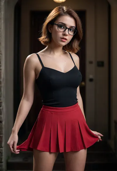 (Upper body shot:1.4), 1girl, (wide angle), masterpiece, ultra-detailed, (photorealistic:1.4), adult woman, (25yo), (25 years old:1.5), (Velma from scooby doo), --------------------------------------------, round face, fair skin, short brown bob haircut with straight bangs, large expressive eyes, thick black square glasses, soft youthful features, small nose, friendly intelligent expression
-----------------------------------------------
Average weight, (Large breasts:1.4), (natural breasts), (natural breasts:1.2), (round ass), (thick thighs:1), puffy nipples, (perky nipples:1.4), (hairy pussy), visible vagina, (puffy areolas), -----------------------------------------------
orange turtleneck sweater, (short red pleated skirt:1.4), (skirt is blowing in the wind:1.2), knee-high orange socks, brown high heels, classic Velma Dinkley outfit
-----------------------------------------------
leaning forward, (knees together and slightly bent), (fingering her pussy:1.4), grabbing her Breast, (surprised expression:1.2), ----------------------------------------------, spooky nighttime sky, deep midnight blue clouds, swirling storm clouds, thin crescent moon partially obscured, drifting fog, faint stars, dramatic moonlight breaking through clouds, eerie atmospheric glow, (dark spooky mansion:1.4), gothic architecture, towering stone walls, narrow arched windows glowing faintly, cracked stone steps leading to a grand entrance, overgrown ivy crawling up the walls, heavy wooden doors, mist rolling across the ground, dim moonlight, eerie shadows, haunted atmosphere, cinematic horror lighting, ominous mood, Cinematic lighting, high micro-contrast, sharp facial clarity, clean professional look, neutral background, film look, (backlight:1.4), dark, chiaroscuro, low-key, photorealistic, realistic, high contrast, hyper detailed, best quality, ultra high res, high resolution, detailed, raw photo, ultimate realism, vivid colors, realistic detailed tan skin, oiled skin texture, <lora:Detailed_female_hands-000001:.9>, <lora:zavy-cntrst-sdxl:.5>, <lora:CinematicStyle_v1:1>, <lora:SDXLHighDetail_v6-000005:2>