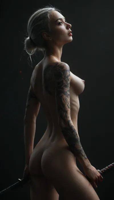 1girl, beautiful, ((((Japanese Girl, Asian girl)))), (((slender body, slim body))), ((Tall girl, Athletic, six pack abs)), ((((holds a katana in hands ready to strike, (aggressive stance))))), standing, full body, naked, (((attenuated waist and thighs))), extremely pale skin, sucked in belly, (((extremely lean figure, Skinny thin lean body))), (((Dynamic pose))), (((perky breasts, erect nipples, a bit of pubic hair, long nipples))), (((white hair))), ((((((bent completely backwards weight supported by her hands)))))), (((((((back arched, breasts upwards))))))), ((((((chin up)))))), (((((blood covered body))))), (((((body full of tattoos))))), <lora:dark:.8>
