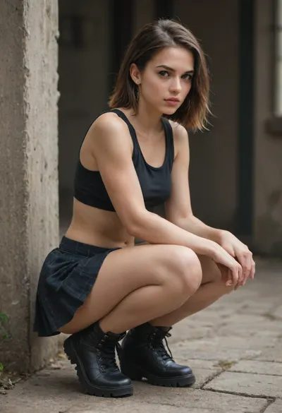 masterpiece, score_9, score_8_up, score_7_up, small adult woman, crop top, skirt, small feet, large shoes, shoe focused, black platform combat boots, squatting, deep squat, feet together, knees together, sitting on her feet, elbows on knees, subtle profile