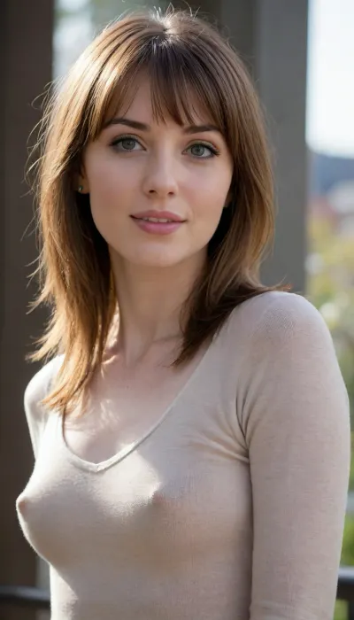 35 yo girl, very flirty pose, sideview, ((girl next door)), pretty, natural beauty, medium breasts, ((cute tall tall tall tall but average appearance:1.3)), ((cute tall tall tall tall)), ((pale skintone:1.2)), ((little bit chubby:1.4)), very flirty smile, showing teeth, ((unkempt hair)), ((straight hair:1.3)), ((symmetrical hair:1.5)), ((perfect fringe hair:1.5)), ((light brown bright hair)), ((very cute tall tall tall tall average youthful face:1.5)), outside, photorealistic, ((perfect composition)), ((perfect contrast:1.5)), ((perfectly balanced exposure:1.5)), ((perfect focus:1.5)), ((extremely realistic detailed lighting:1.5)), ((extremely realistic detailed shadows:1.5)), ((extremely detailed:1.3)), ((extremely high resolution:1.3)), ((16K UHD:1.5)), ((extremely realistic detailed skin texture:1.5)), ((extremely realistic detailed skinpores:1.5)), ((extremely realistic detailed face:1.5)), ((extremely realistic detailed eyes:1.5)), ((extremely realistic detailed hair:1.5)), focus on eyes, ((fully clothed:1.5)), random colored clothing, ((beautiful stylish clothing:1.5)), ((detailed clothing:1.5)), ((detailed environment:1.5)), Sweet_Sticky_xl-01, <lora:EnvyZoomSliderXL01:-1>, <lora:add-detail-xl:.5>, <lora:neanderthal_last:.7>, braless, Wearing, clothes, that, make, sense, with, Braless>, <lora:bralessSDXL_v1_00022:.8>